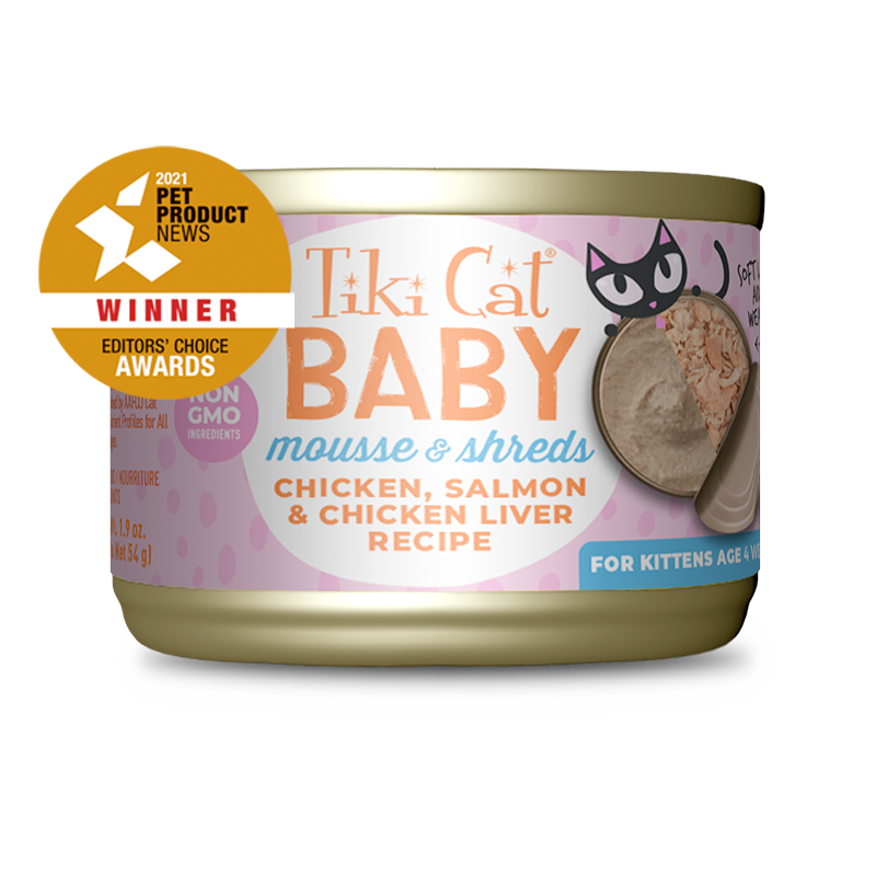 Tiki Cat® Baby™ Chicken, Salmon & Chicken Liver Recipe Shreds and Mousse 3/1.9 oz